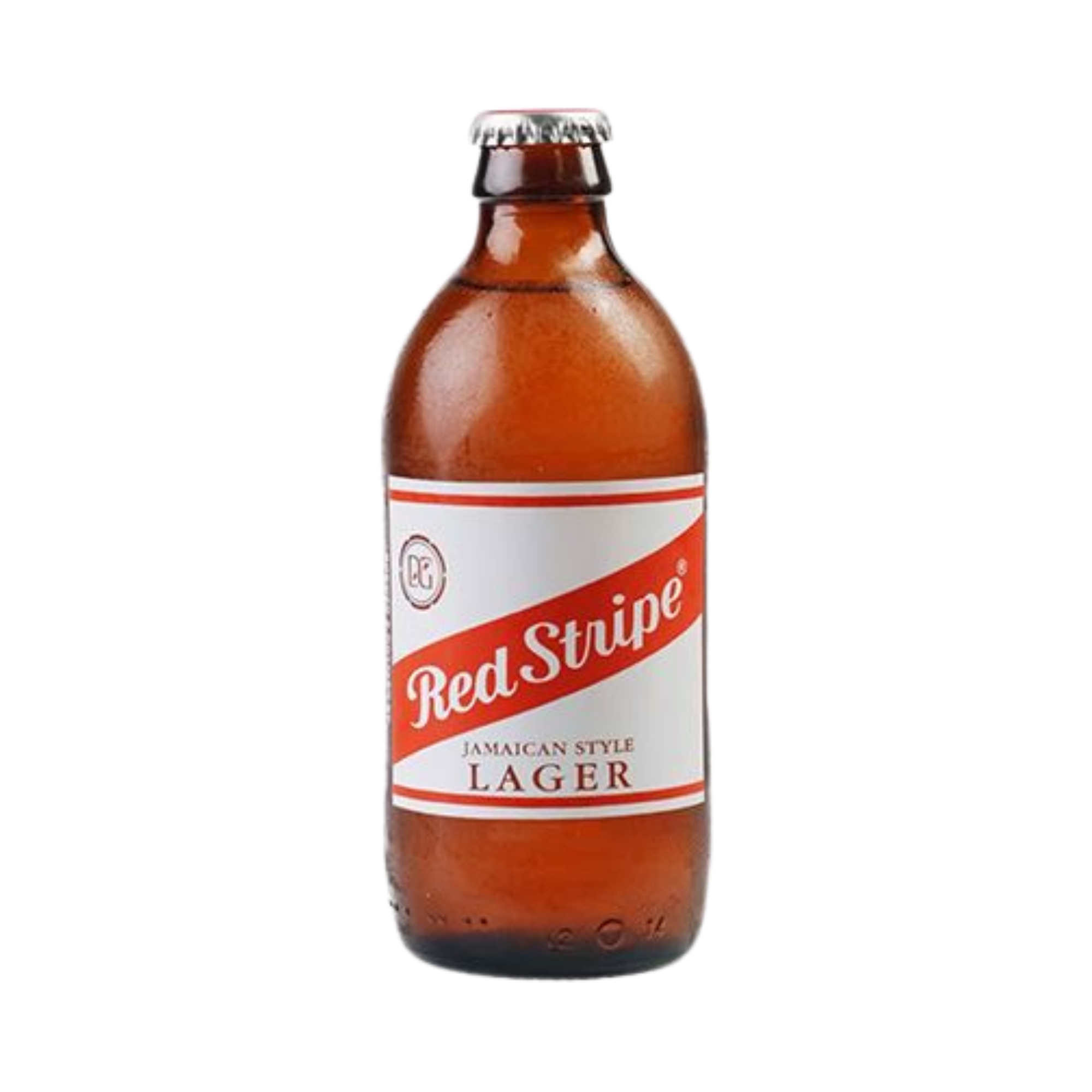 Bottle of Red Stripe Jamaican style lager beer with red and white label