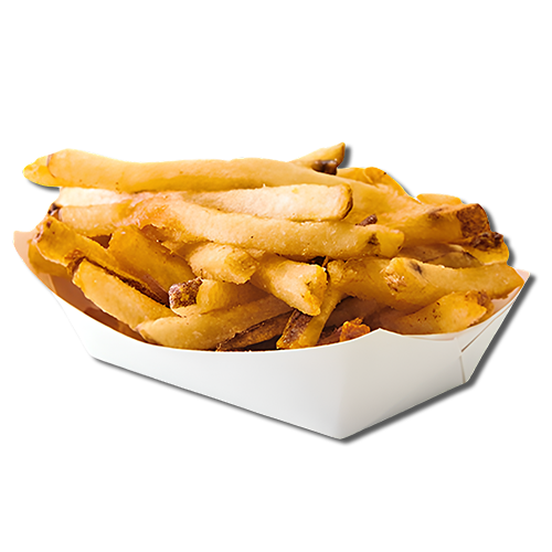 A serving of French fries topped with three cheese stick pieces in a white paper tray.