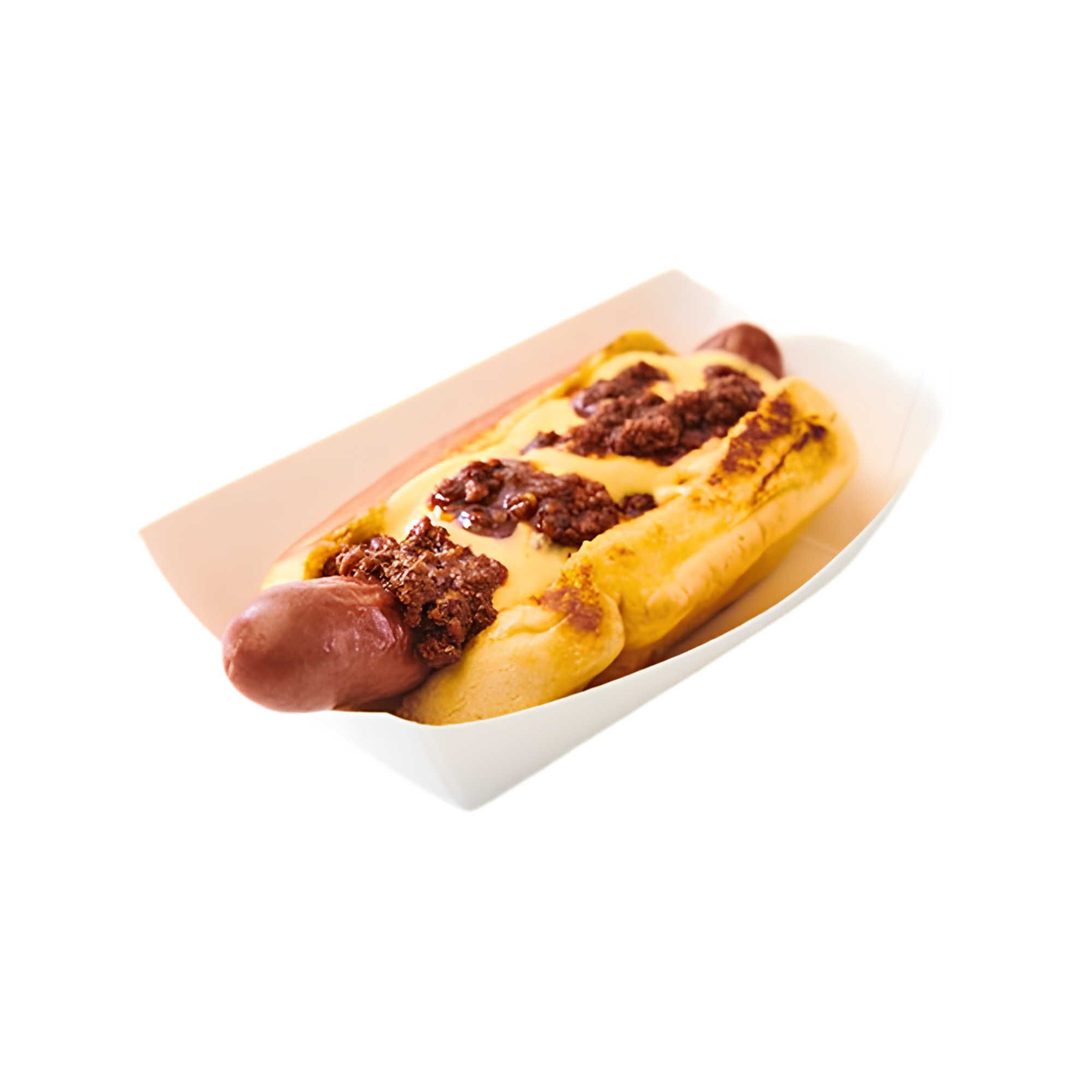 Hot dog topped with yellow mustard and crumbled cooked ground beef in a white paper tray