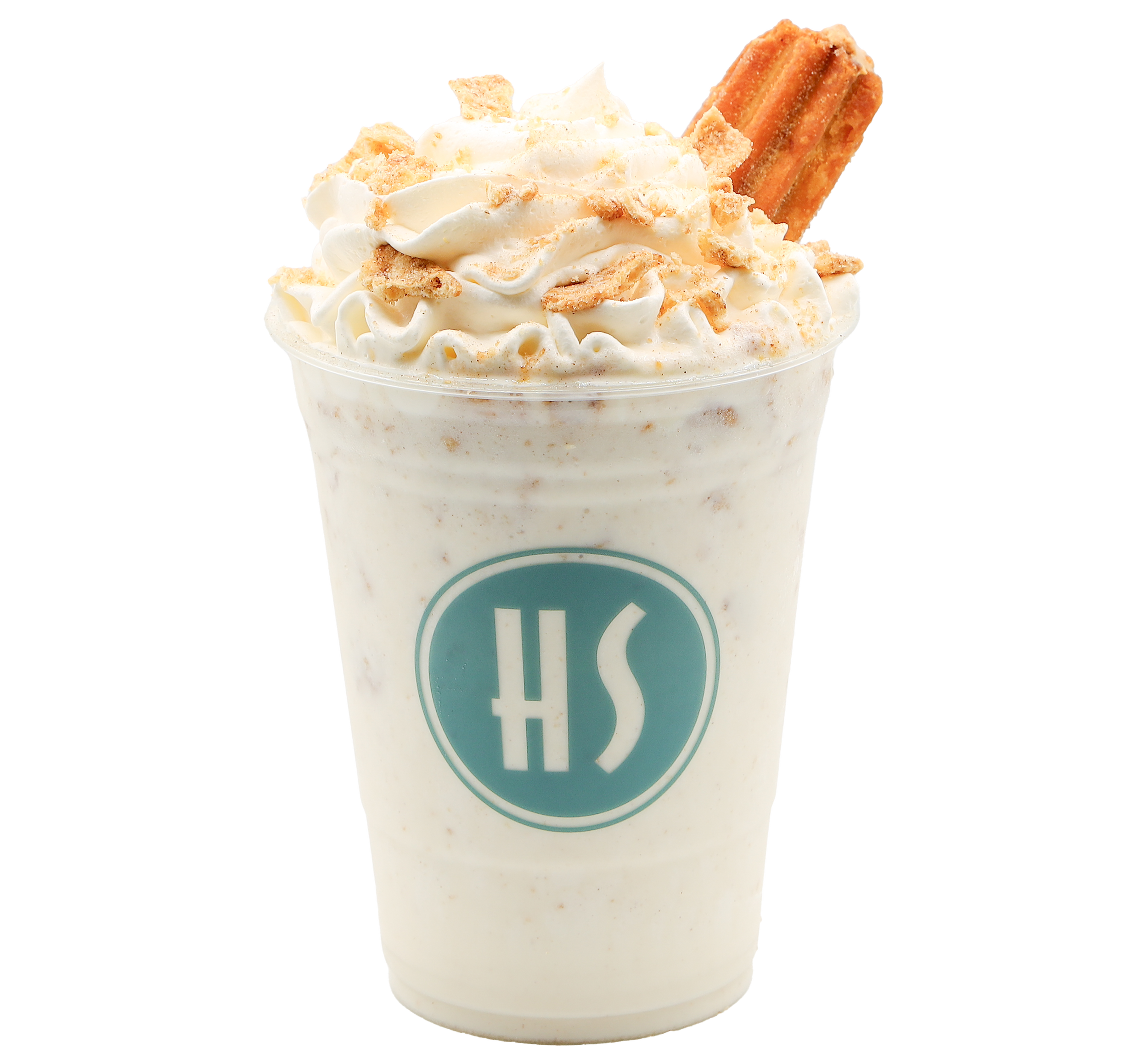A vanilla milkshake topped with whipped cream, crumbled cookies, and a cookie stick in a clear plastic cup with a blue and white logo.