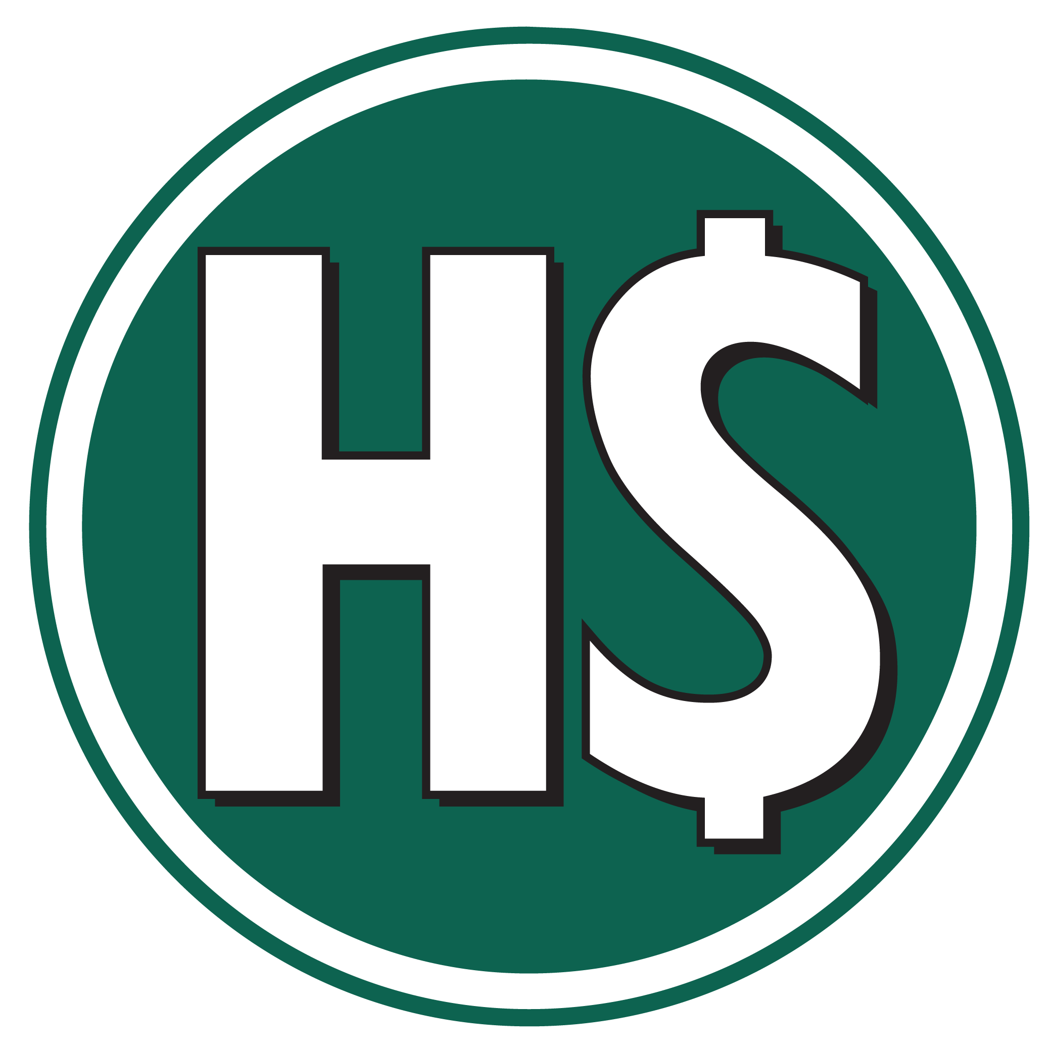 Close-up of a circular logo with a dark green background and white stylized letter 'Q' in the center, outlined in black.