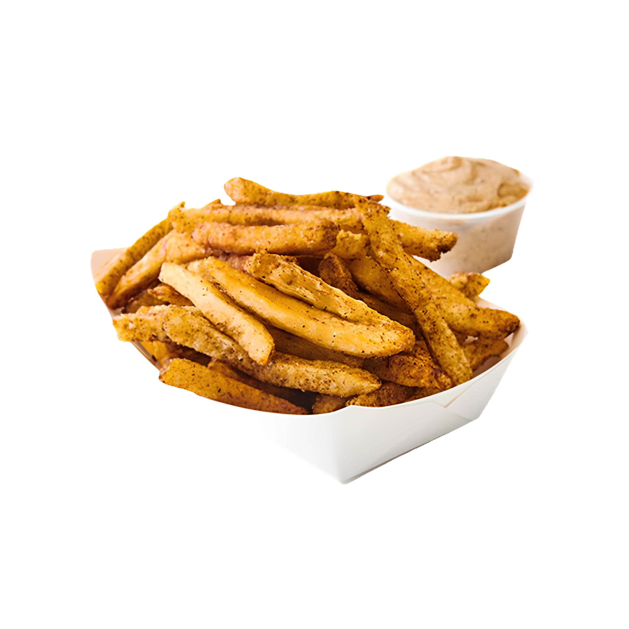 Close-up of French fries with a side of dipping sauce.