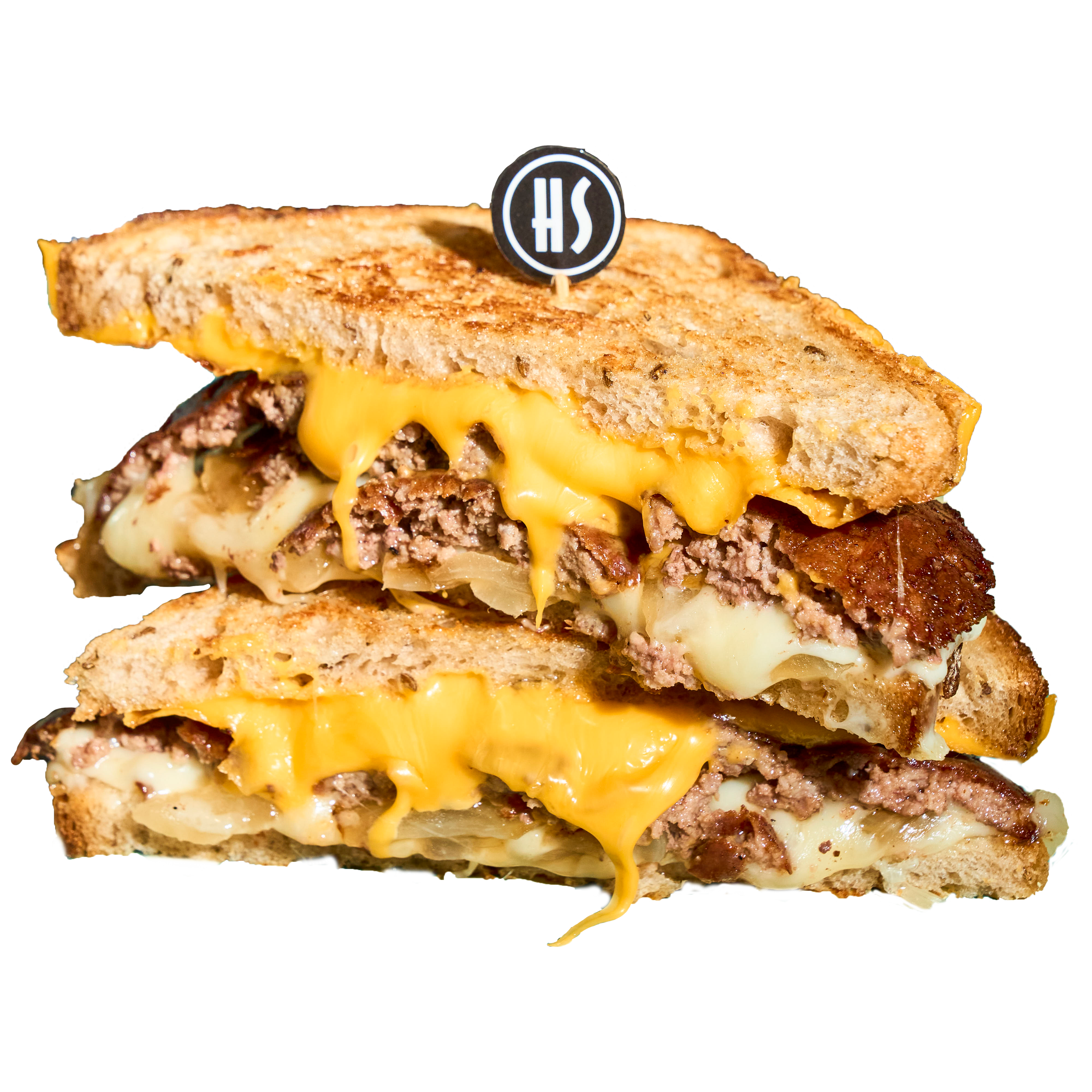 Close-up of a cheeseburger with melted cheese, cooked ground beef patty, toast bread, and a black circular toothpick with white logo on top.