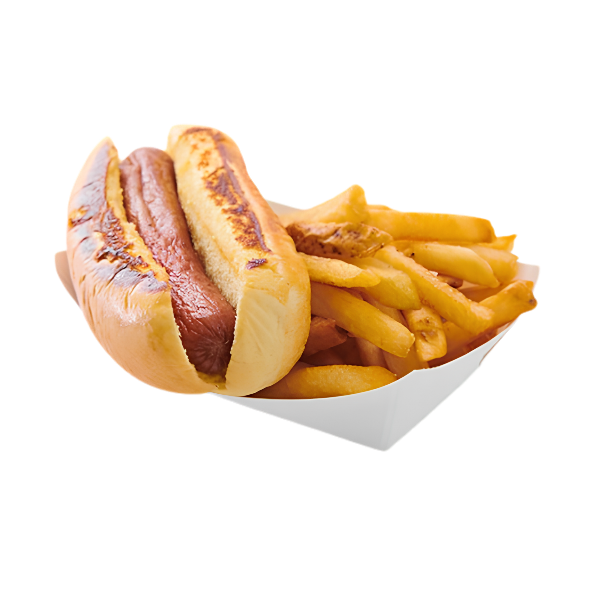 A hot dog in a bun with mustard, served with a side of French fries.