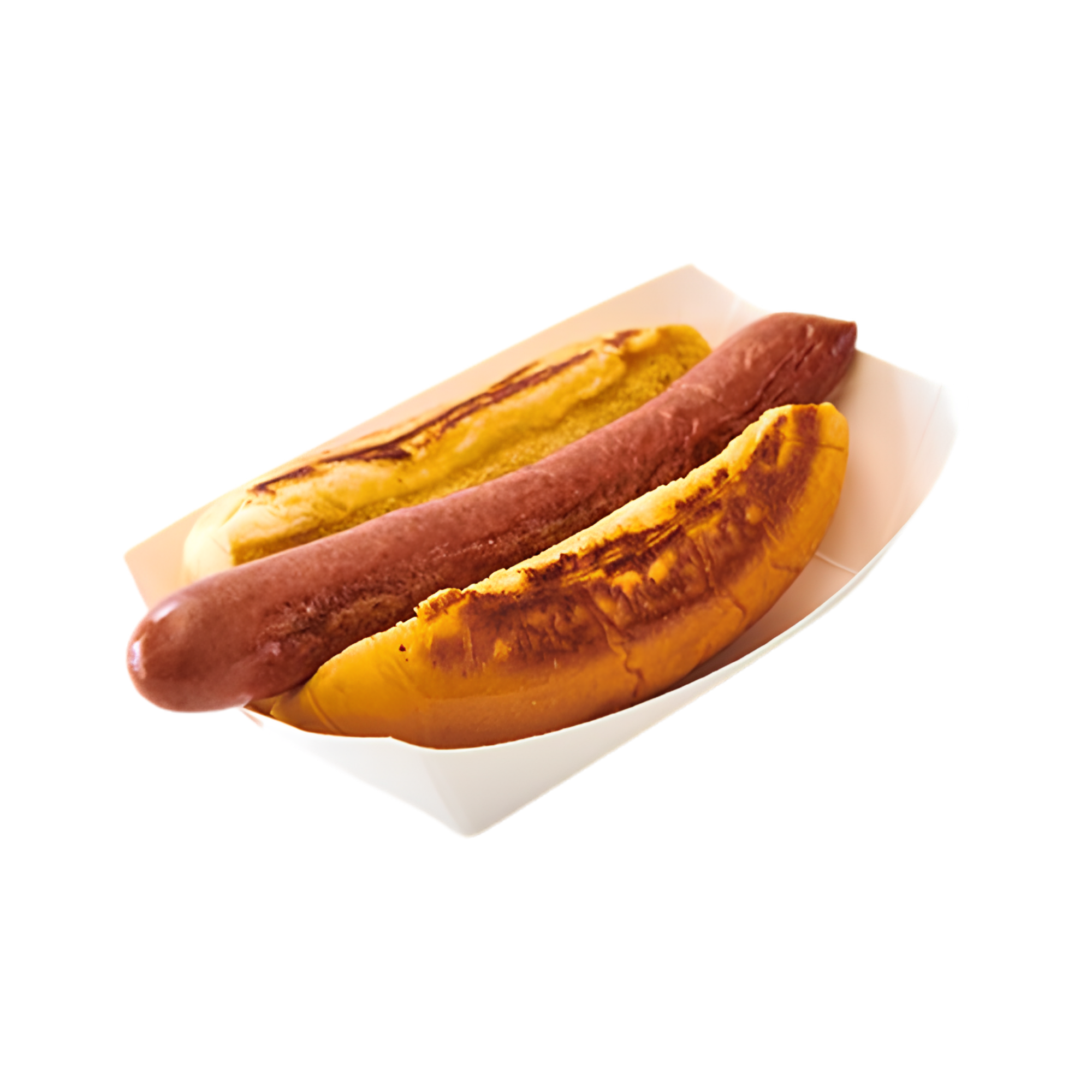 Close-up of a hot dog in a bun with mustard on top.