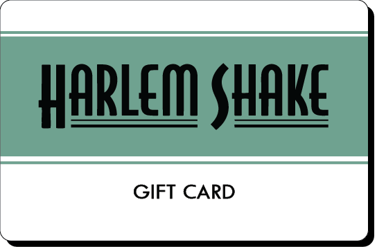 Green and white Harlem Shake gift card with black text.