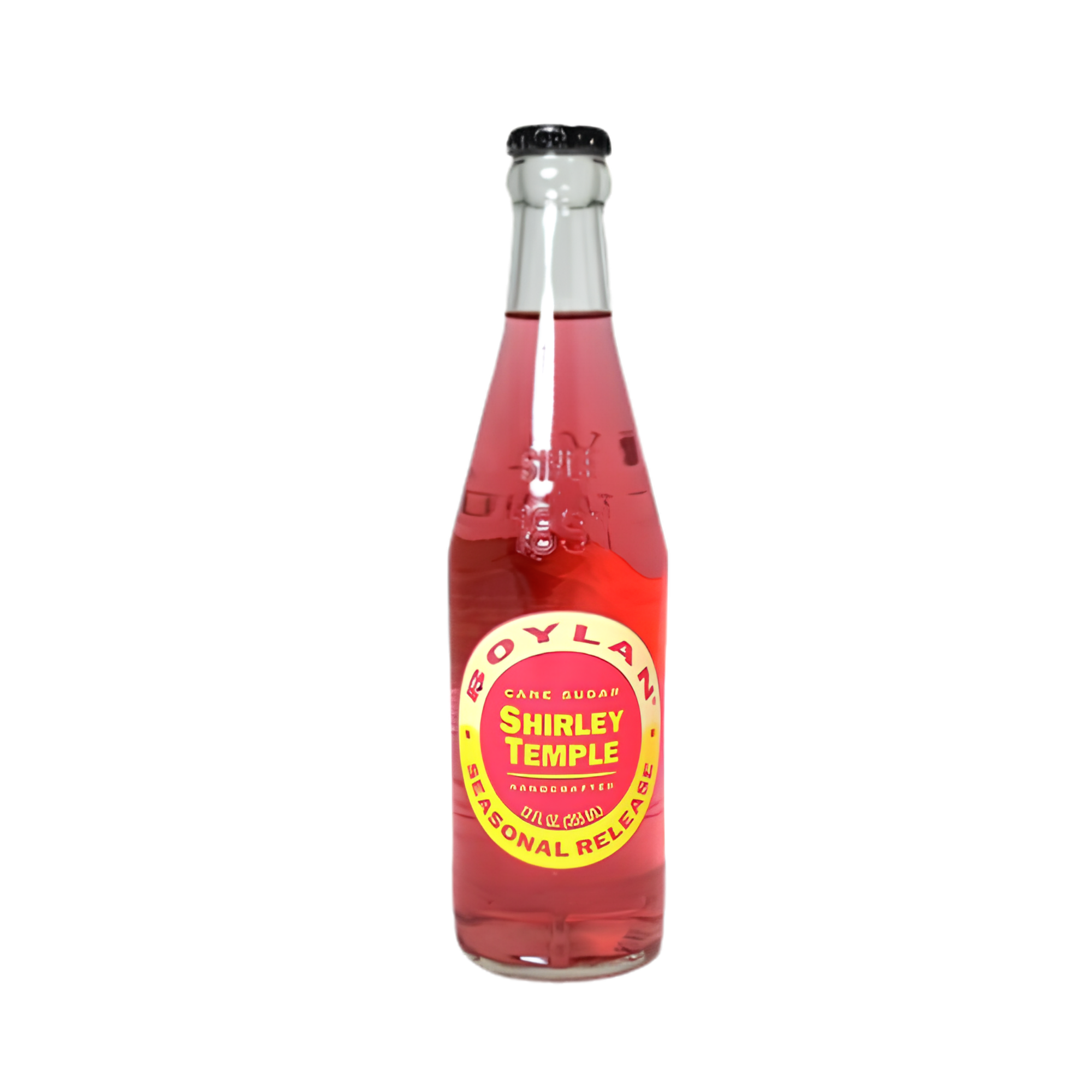 Bottle of Shirley Temple soft drink with a pink hue, sealed with a black cap, and a yellow and red label with the George Washington-shaped logo.