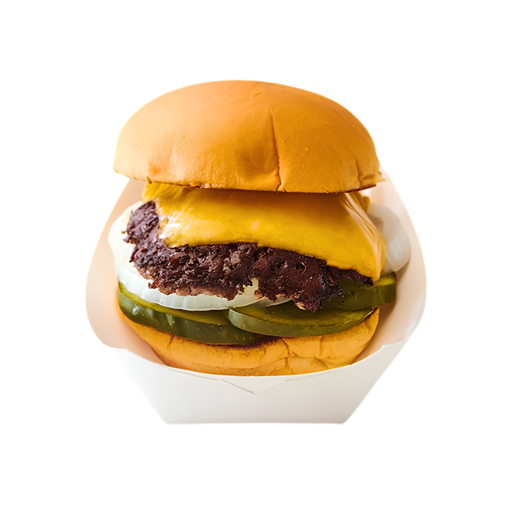 Close-up of a burger with cheddar cheese, lettuce, pickles, onions, tomato, and a beef patty inside a toasted bun
