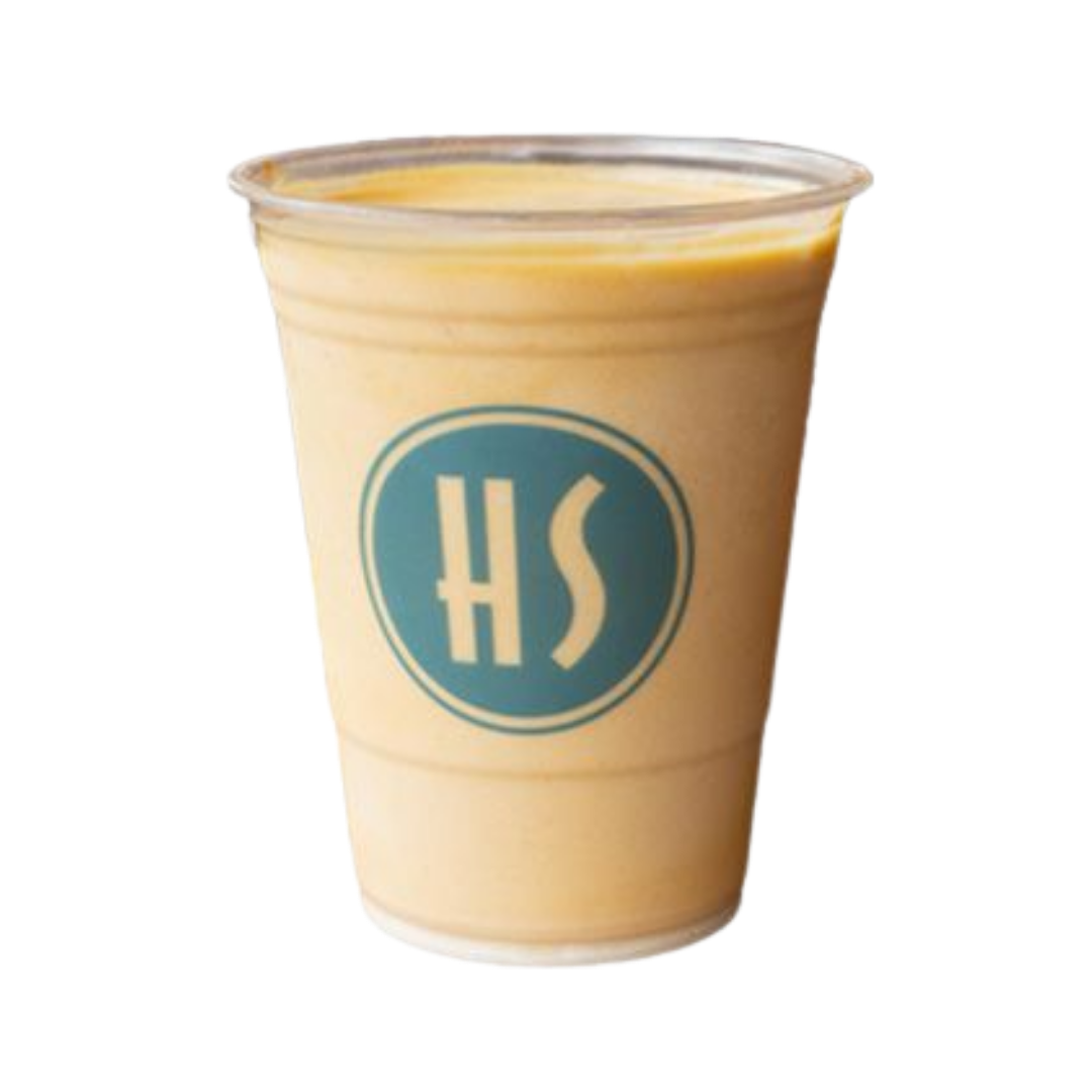A cup of coffee with a blue and white logo featuring the letters 'HS' on a beige background.