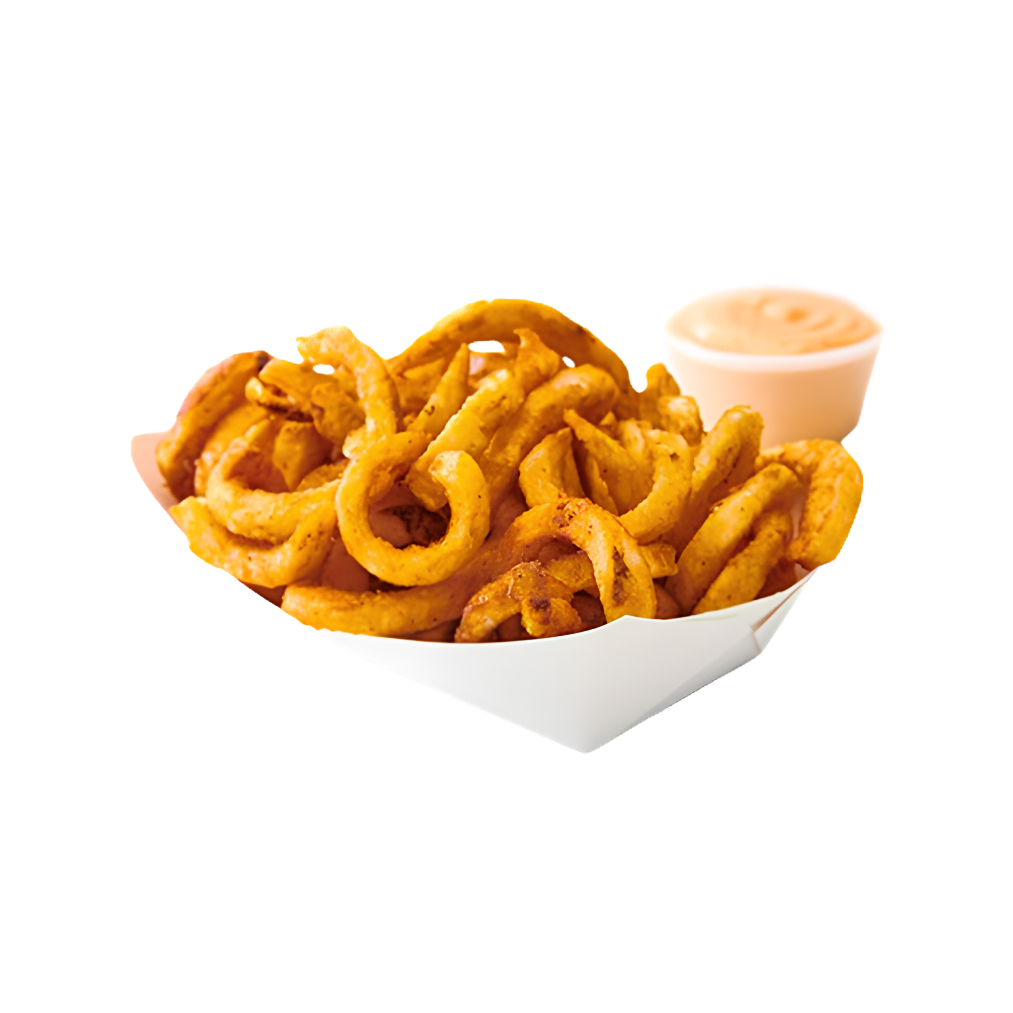 A bundle of deep-fried calamari rings served with a small container of dipping sauce on the side.