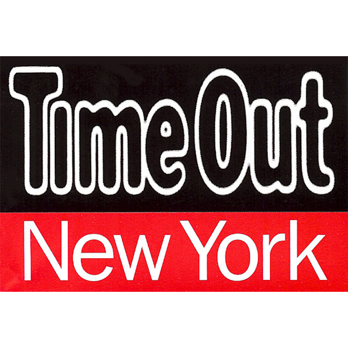 Sign that says 'Time Out New York' with 'Time Out' in white outlined letters on a black background and 'New York' in white on a red background.