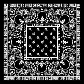 A black and white bandana with a pattern of skulls, playing cards, and crescent moons, featuring the text "Times, the Harlem Way!" and "Harlem Shake" repeatedly around the border.