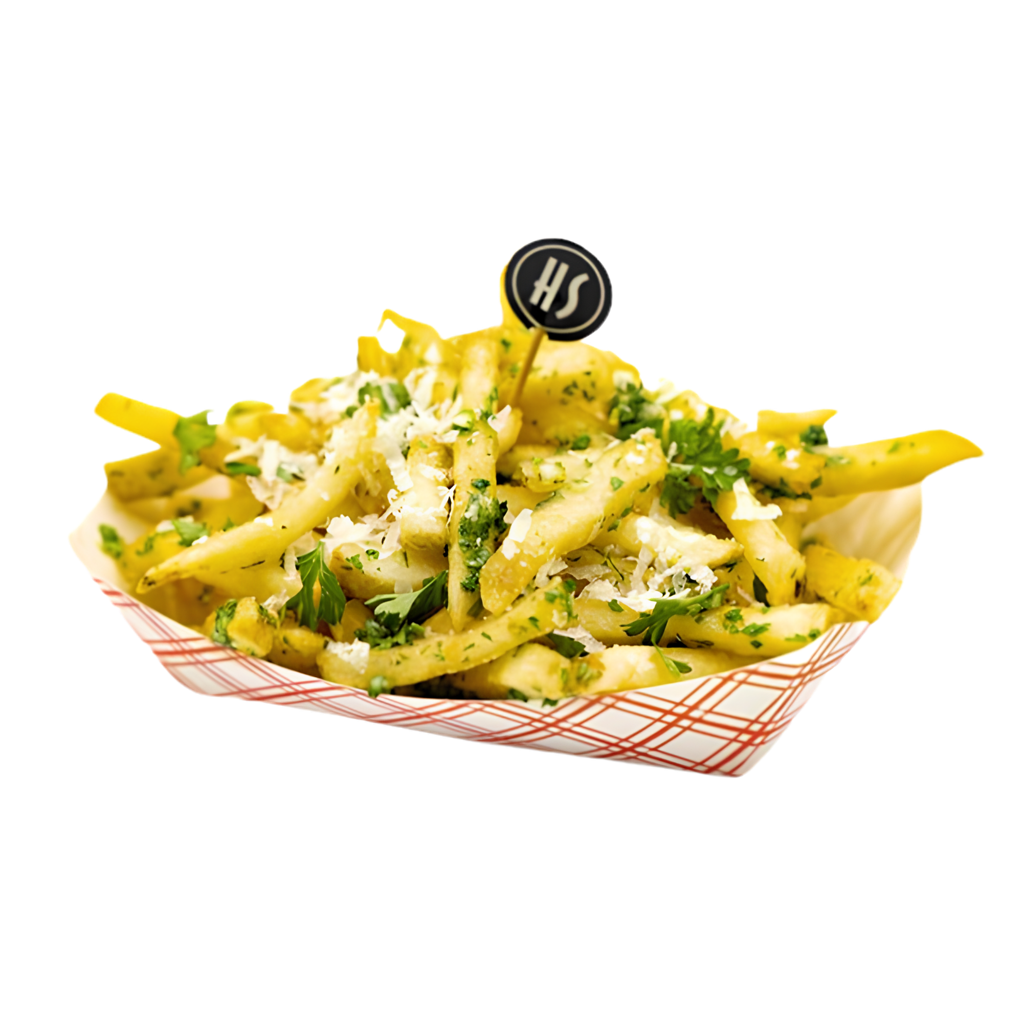 A plate of cheese fries topped with chopped green herbs and grated cheese, served with a small flag toothpick that has 'HS' on it.