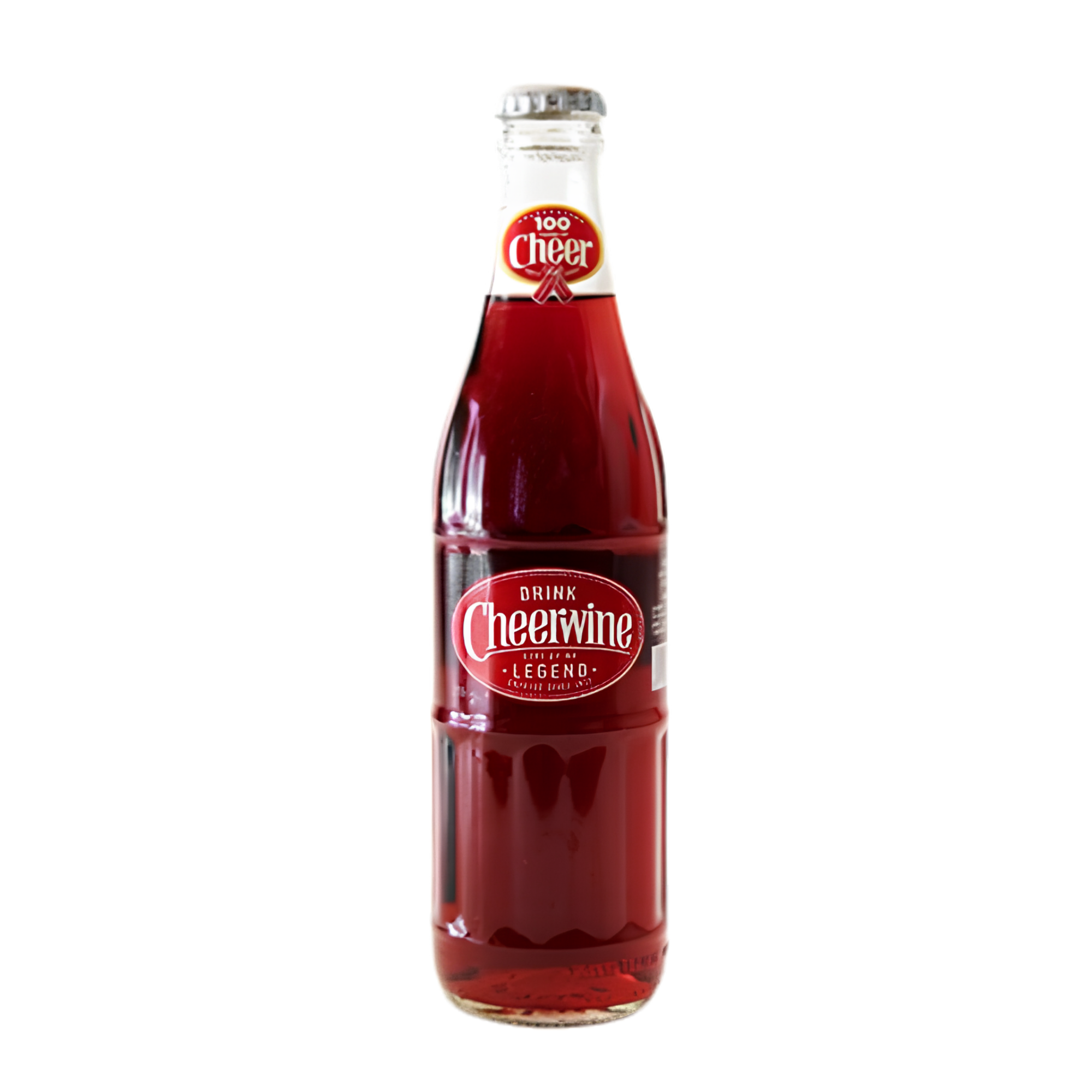 A glass bottle of Cheerwine cherry soda with a red and white label on a black background.