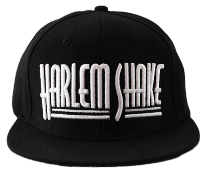 Black baseball cap with white embroidered text that reads 'Harlem Shake'
