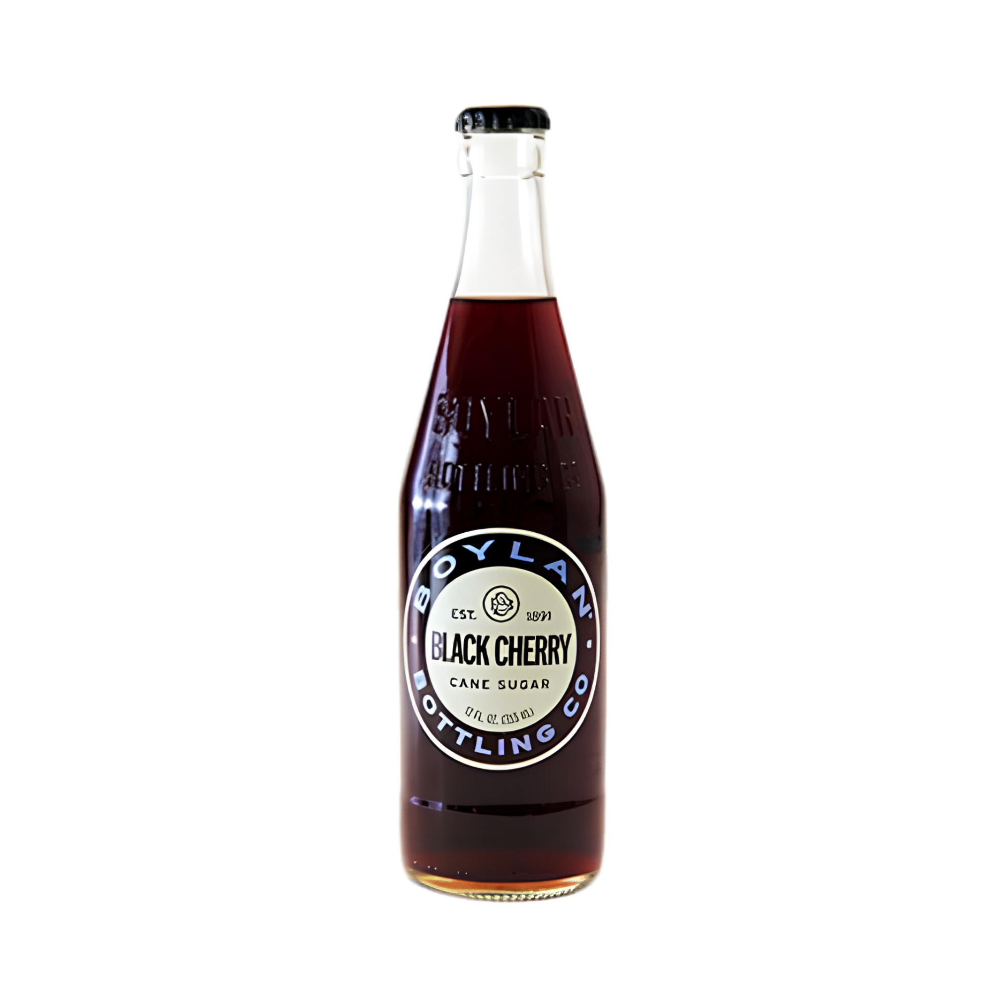 A bottle of Boylan Black Cherry Cane Sugar soda with a black and white label and a black cap against a black background.