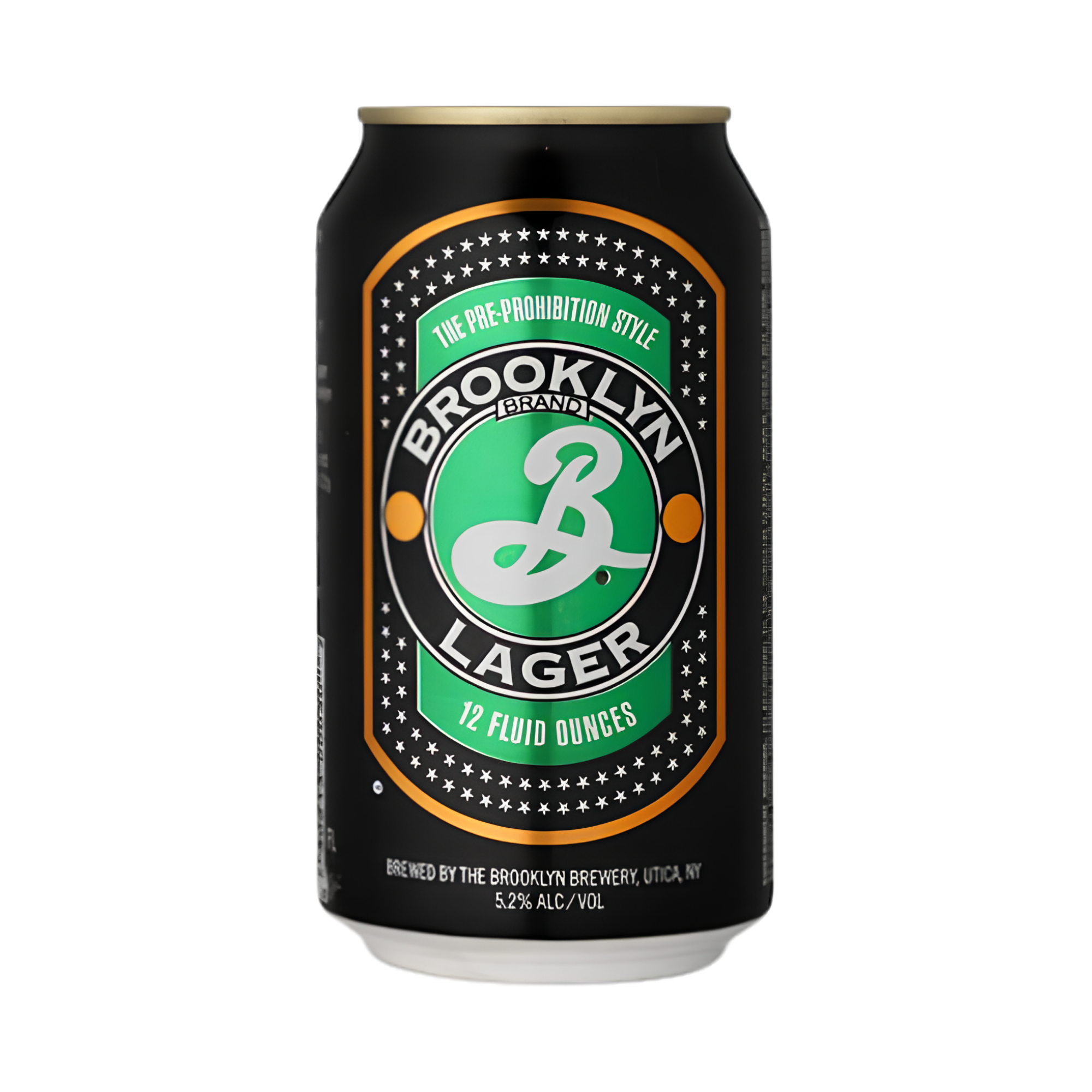 A black aluminum can of Brooklyn Lager beer with green, white, and orange label details, showing 12 fluid ounces and 5.2% alcohol.