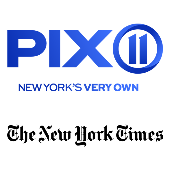 The image features the PIX11 New York TV station logo in blue and white with the tagline "New York's Very Own" underneath, and below that, the black logo of The New York Times.