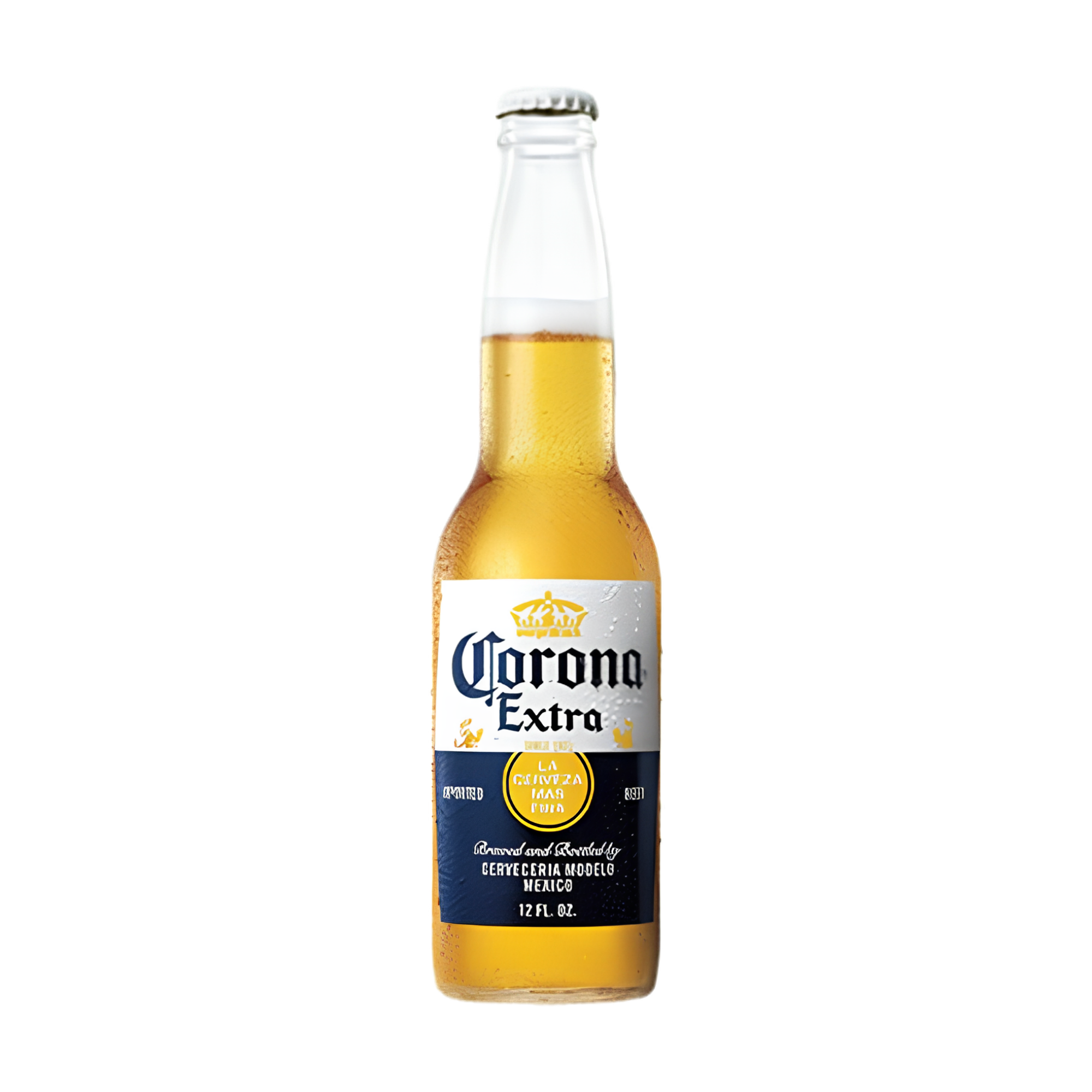 A bottle of Corona Extra beer with a yellow drink inside, branded with the Corona logo.