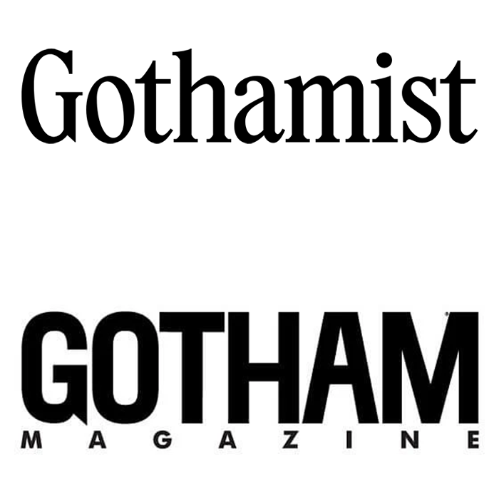 Two magazine covers, one titled 'Gothamist' and the other 'Gotham Magazine', both in black and white.