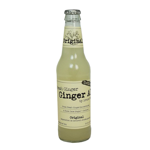 A glass bottle of Ginger Ale with a cream-colored label and a metallic cap.