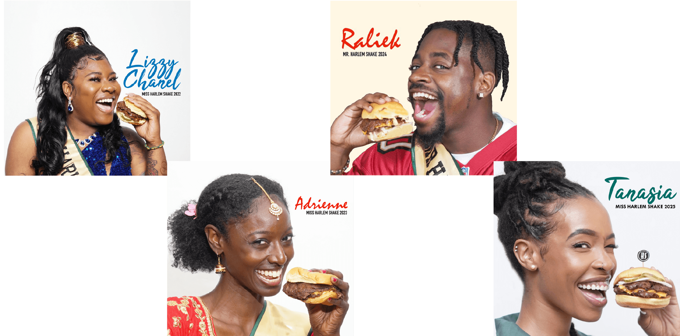 Collage of five women, each holding a burger, with names and titles from the Miss Harlem Shake pageant.