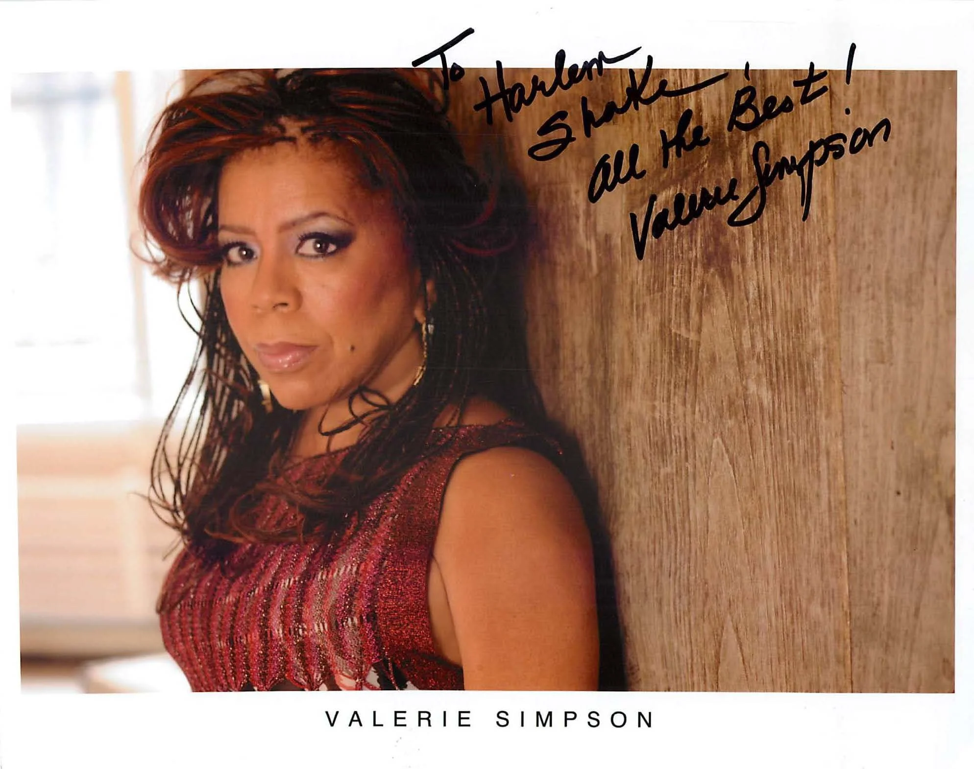 Photograph of Valerie Simpson with handwritten note on the side that says 'To Harleem, Shante all the Beat! Valerie Simpson'.