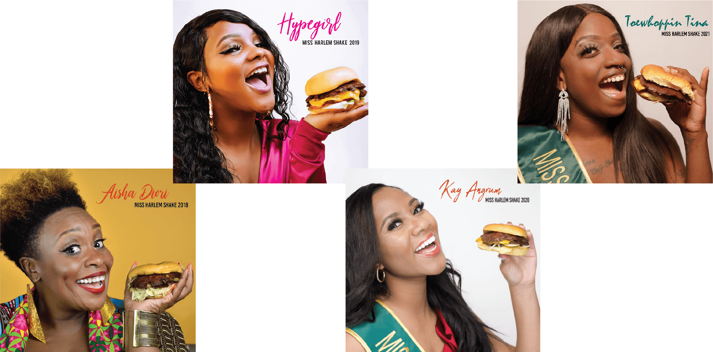 Collage of four women, each holding a hamburger burger and wearing sashes or accessories with text indicating participation in Miss Harlem Shake pageants from 2018 to 2021.