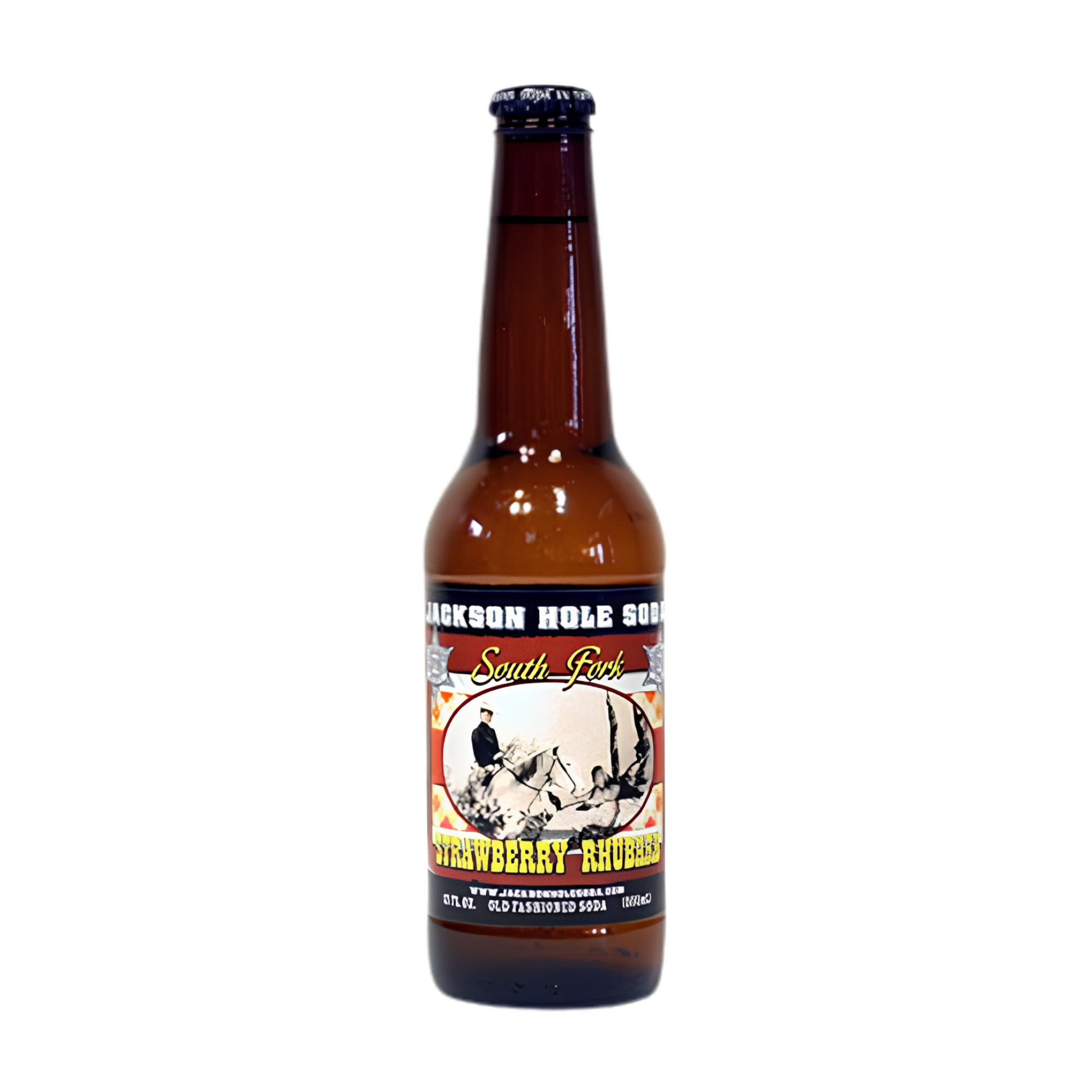 Bottle of Strawberry Rhubarb sour beer with an illustrated label showing a black and white skeleton riding a bicycle, and text reading 'Jackson Hole Sour'.The label also has the words 'South Fork' and 'Strawberry Rhubarb'.