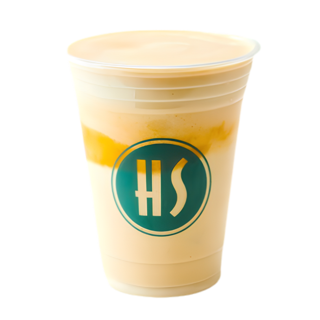 A plastic cup with a green logo containing the letters 'HS' and steam lines, filled with a yellow and white layered beverage.