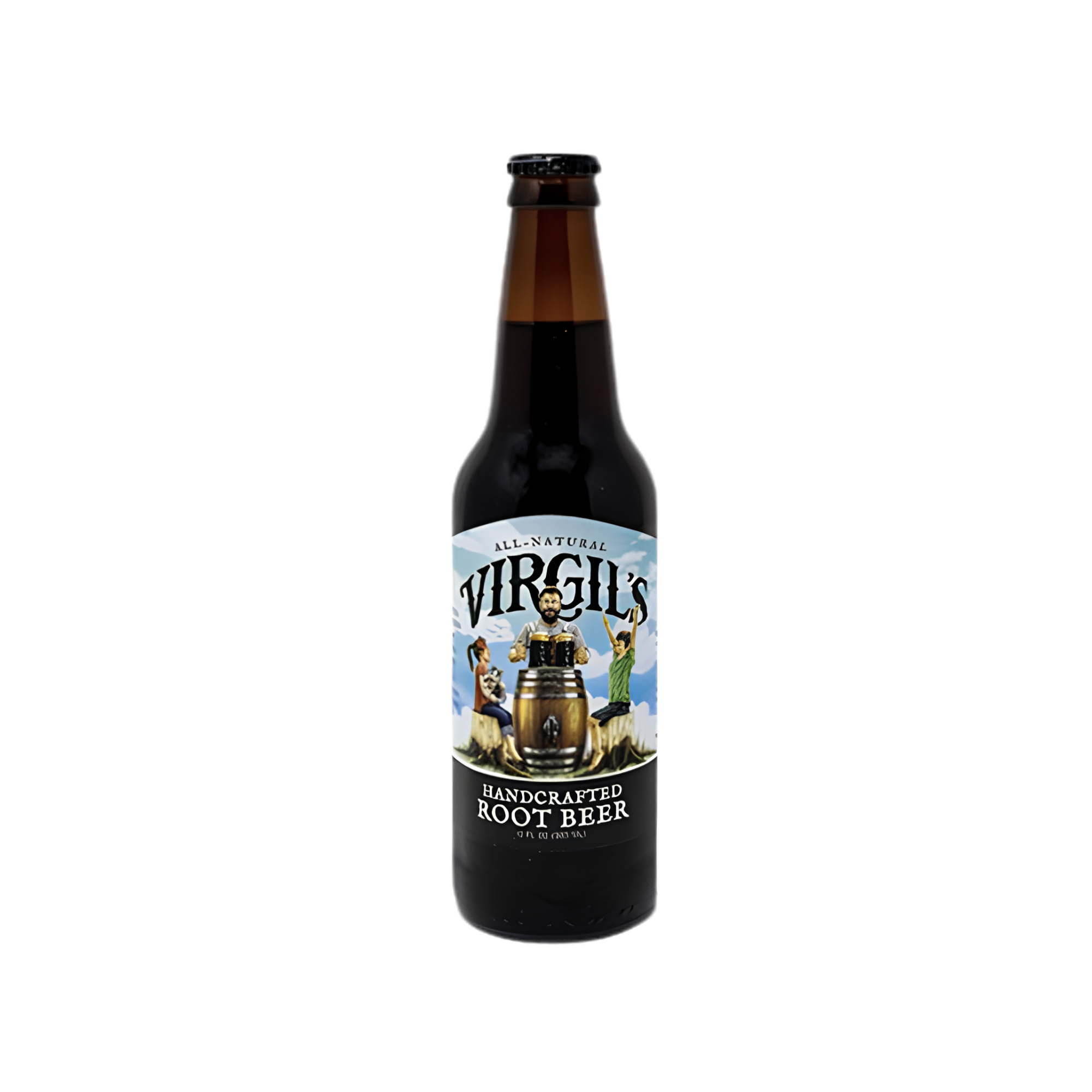 A bottle of Virginia handcrafted root beer with a label featuring a man in a costume and various illustrated characters.