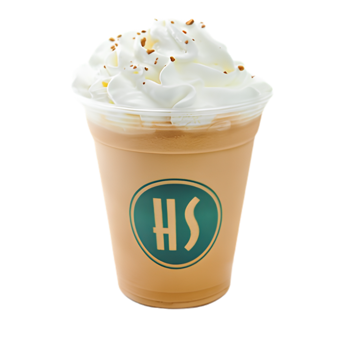 Frosted coffee beverage with whipped cream and chocolate shavings in a clear cup with a teal logo.