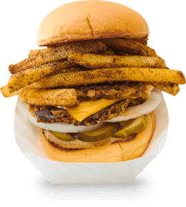 Layered burger with fries, pickles, cheese, onion, beef patty, mayonnaise, and sandwich bun