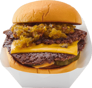 Beef burger with cheese, pickles, and chili on a bun