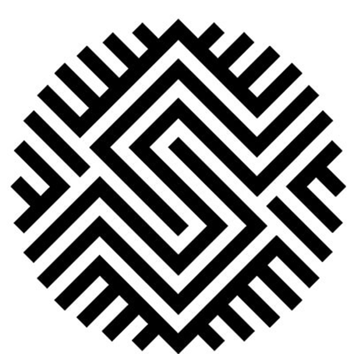 Black and white geometric maze pattern in a circular shape.