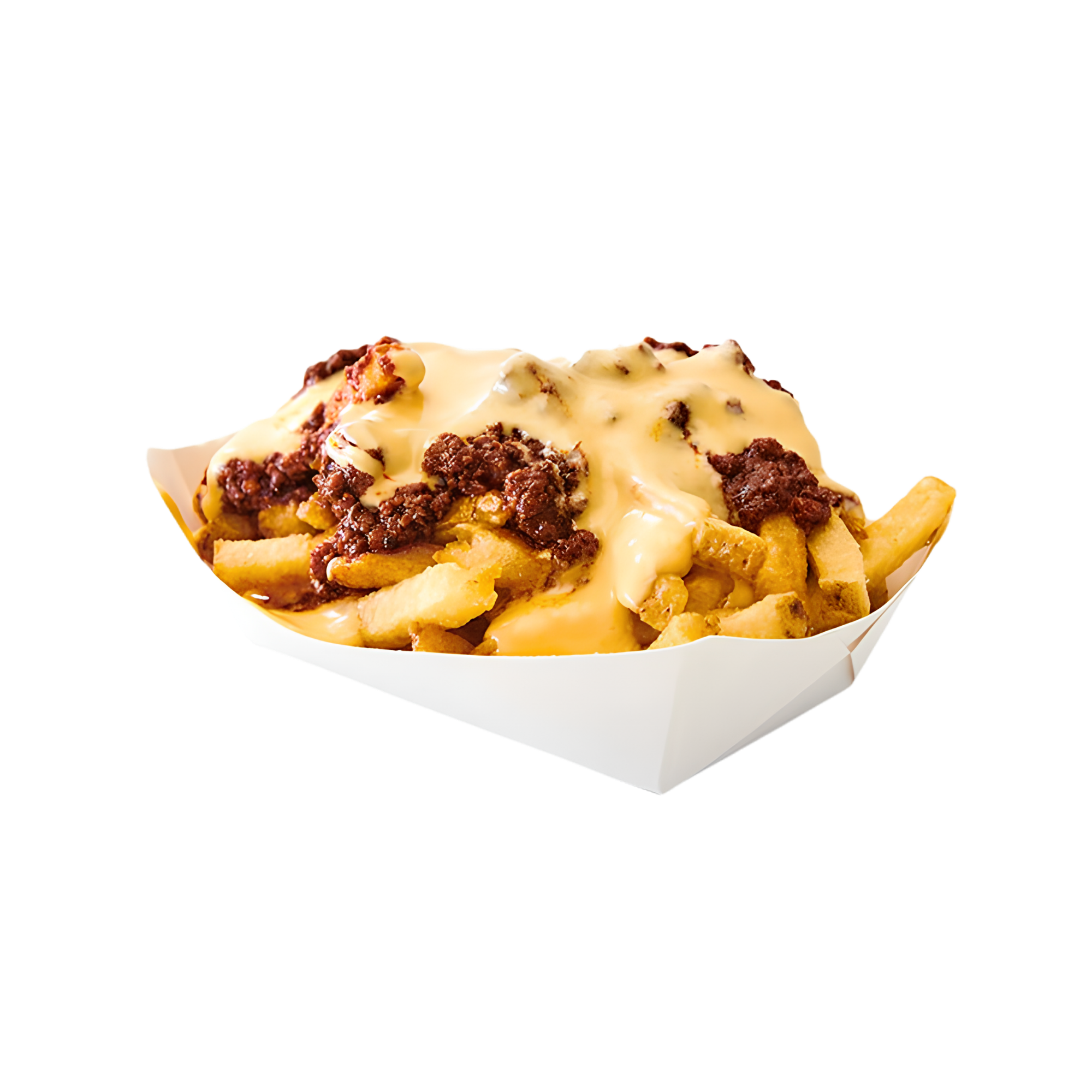 A bowl of cheese fries topped with chili, melted cheese, and bacon bits.