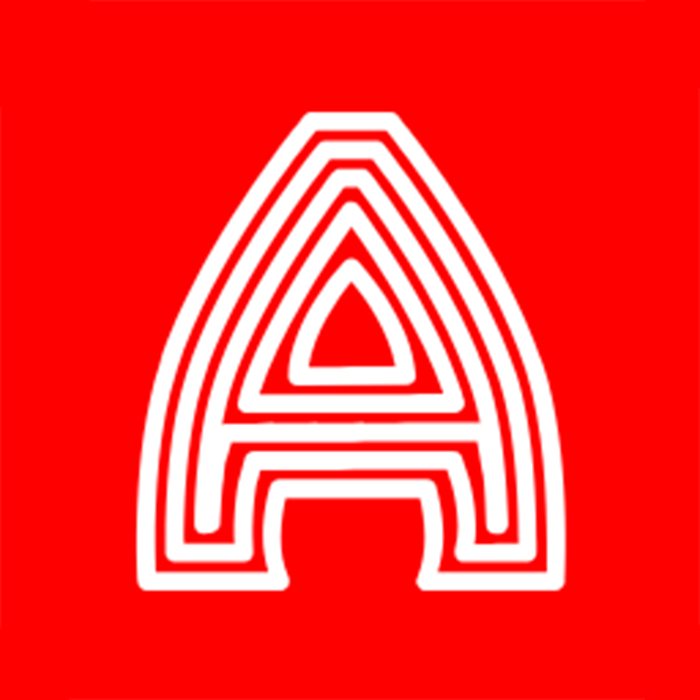 A white, stylized letter 'A' made of concentric lines on a red background.