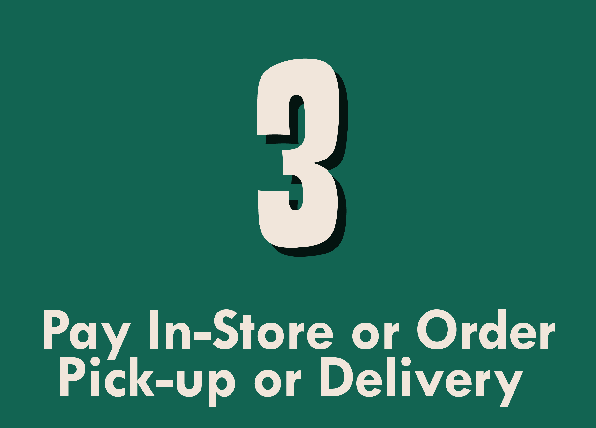 A graphic with a large question mark and text that reads 'Pay In-Store or Order Pickup or Delivery.'