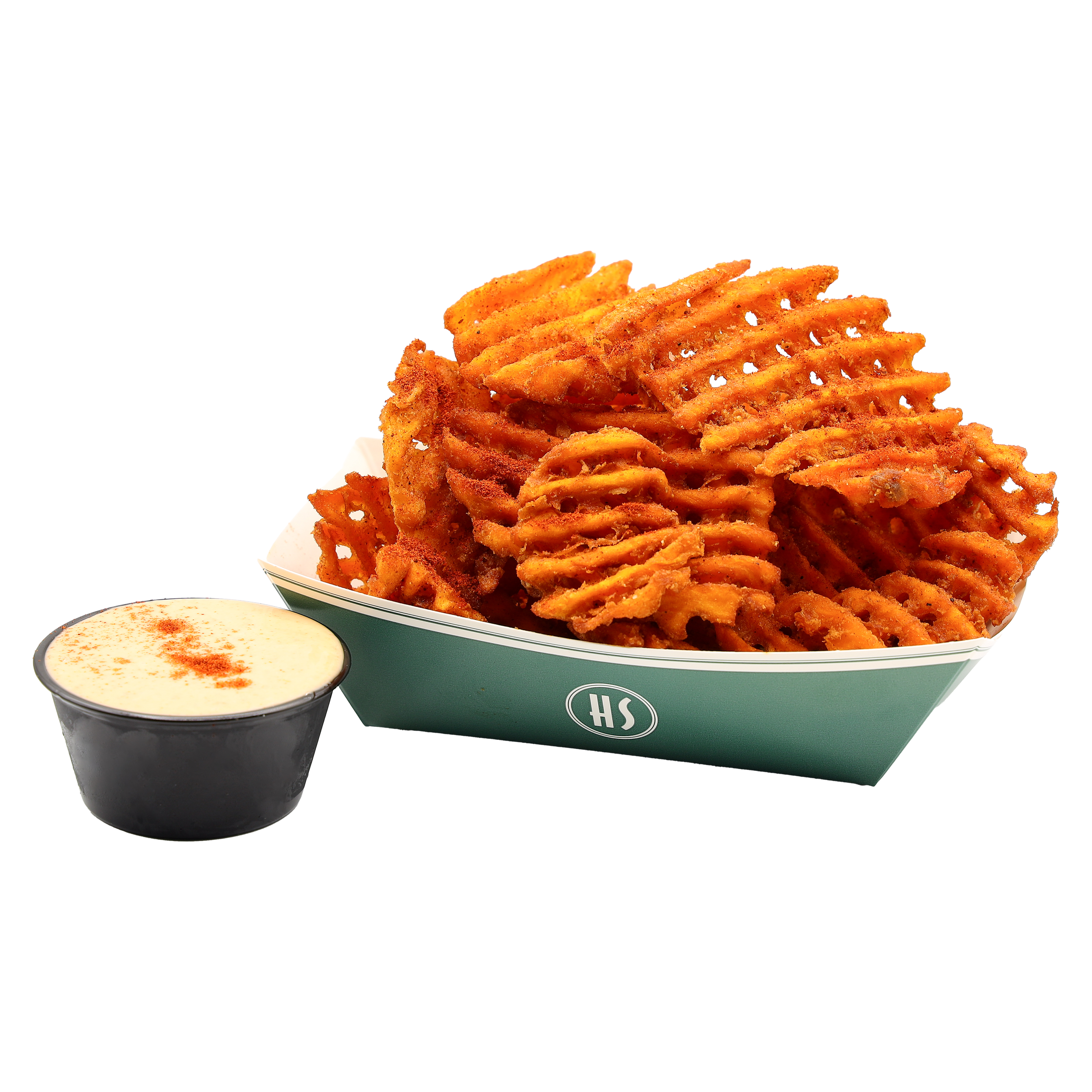 Heaping plate of crispy, golden waffle fries with salt and seasoning, along with a cup of dipping sauce.