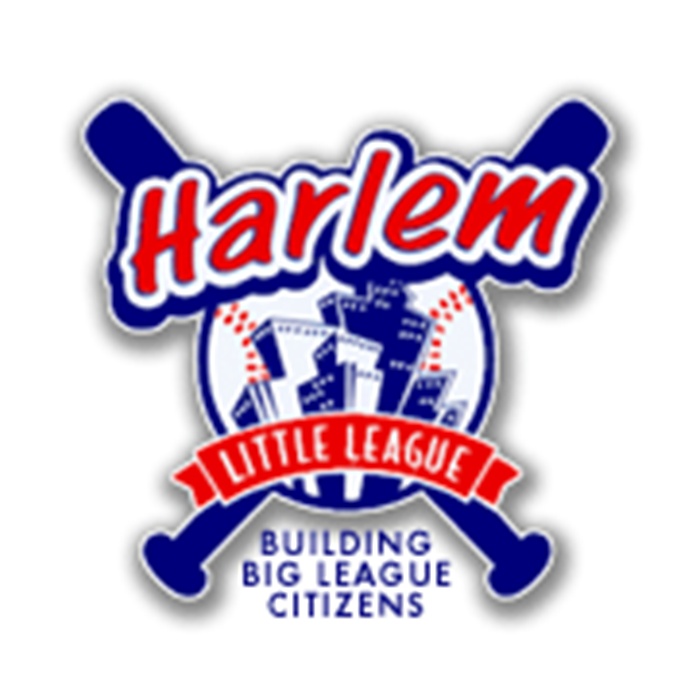 Harlem Little League logo with city skyline, baseball bats, and slogan 'Building Big League Citizens'.