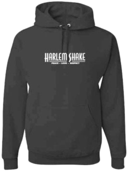 Black hoodie with white text that reads 'Harlem Shake' on the front.