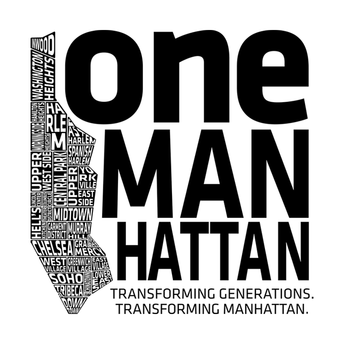 Graphic illustration of a pencil filled with neighborhood names in Manhattan, New York City, with bold text stating 'one MAN HATTAN' and a caption 'Transforming generations. Transforming Manhattan.'