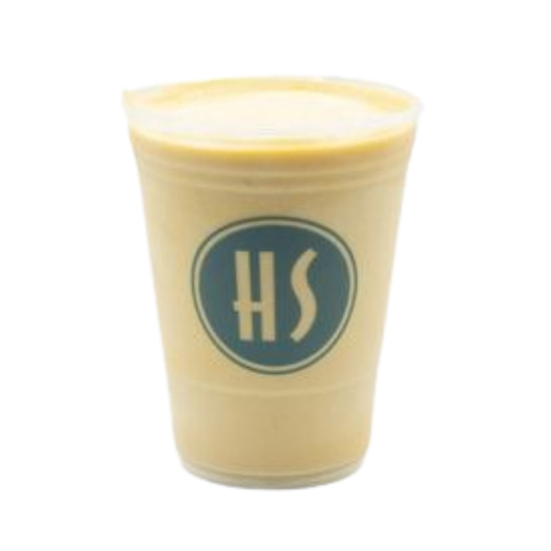 A beige disposable cup with a dark blue circular logo featuring the letters H and S in a stylized font.