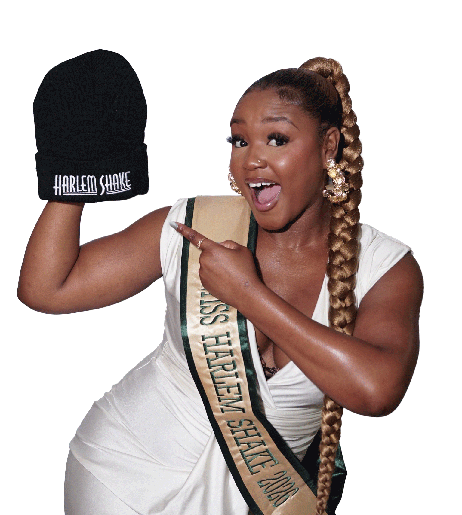 Woman celebrating as Miss Harlem Shake, wearing a sash and holding a beanie that reads 'Harlem Shake'.
