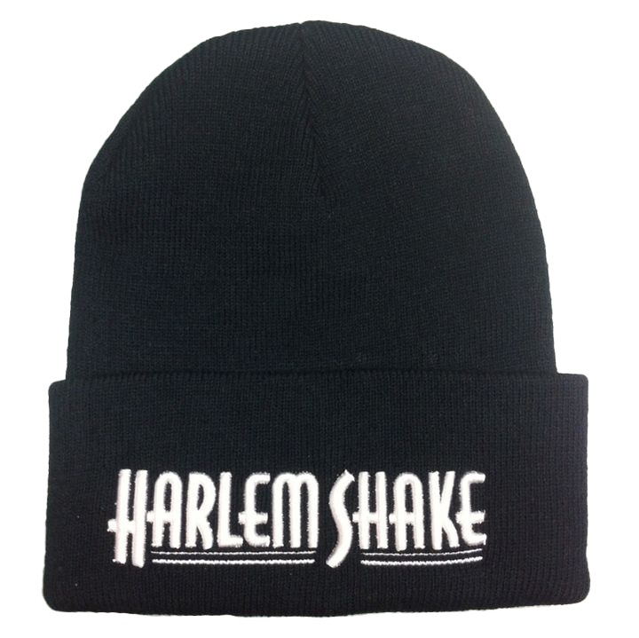 Black beanie with 'Harlem Shake' embroidered in white on the front.