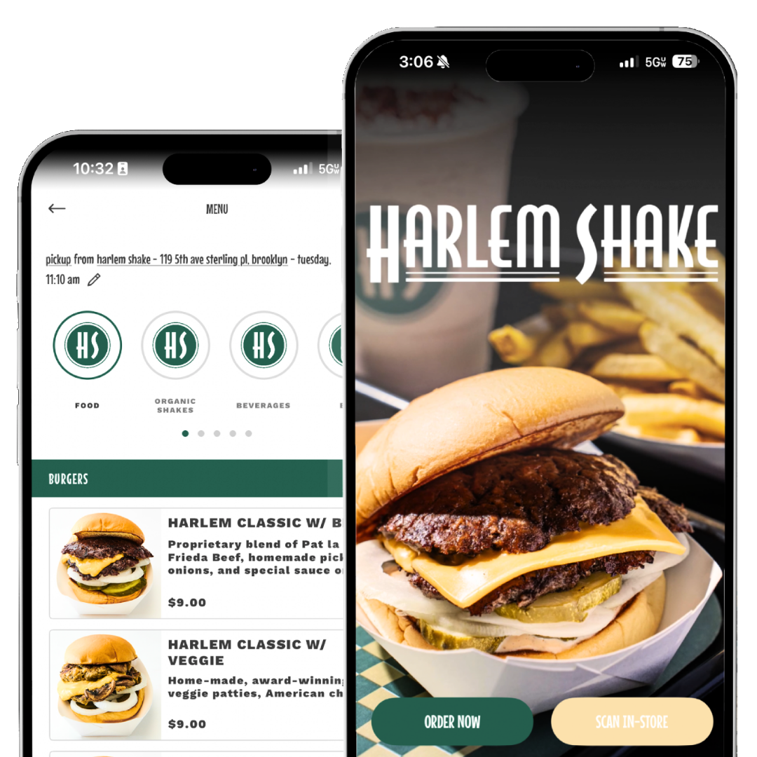 Two smartphone screens displaying the Harlem Shake restaurant app. The right screen shows a picture of a burger with fries, and the left screen shows the menu with burger options.