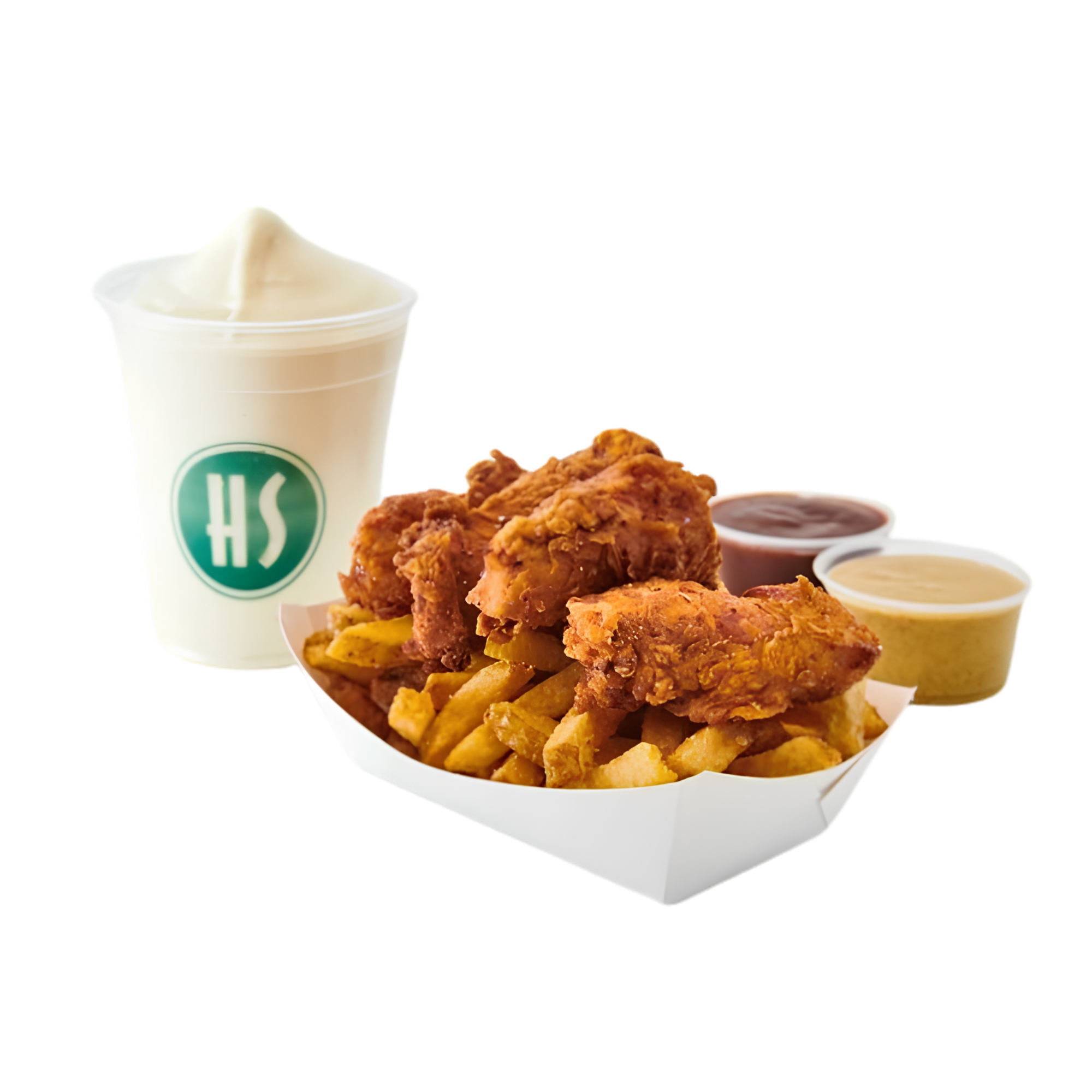 Cup of frothy vanilla milkshake, fried chicken pieces, and small containers of dipping sauces on a tray.