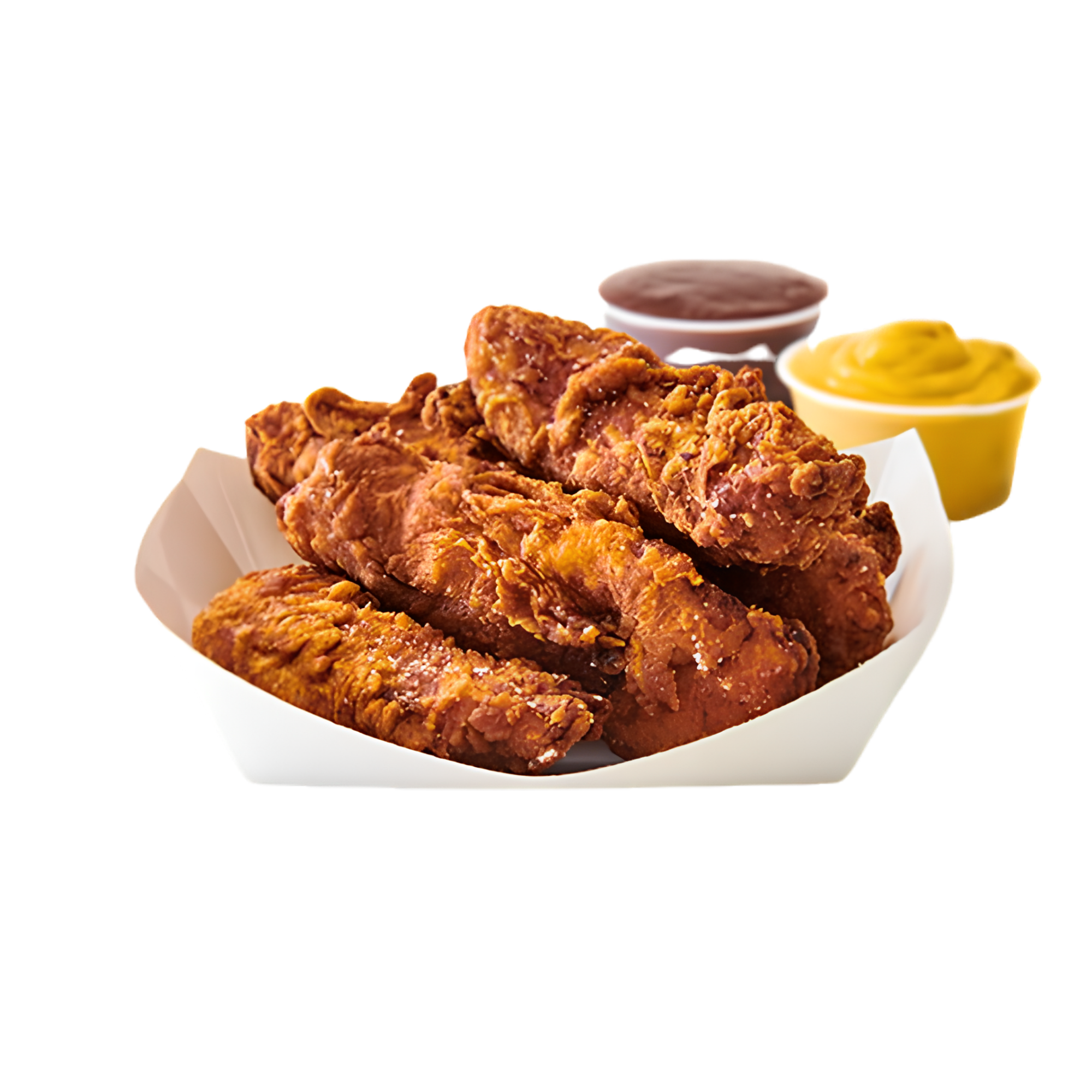 Fried chicken pieces with side of honey mustard and dipping sauce in small bowls