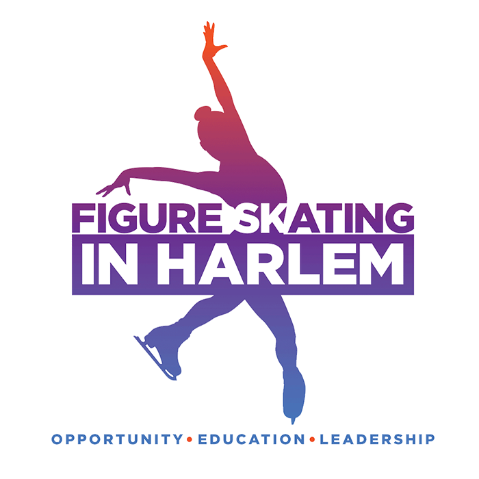 A colorful silhouette of a figure skater with the words 'Figure Skating in Harlem' overlaid, and the tagline 'Opportunity, Education, Leadership' at the bottom.