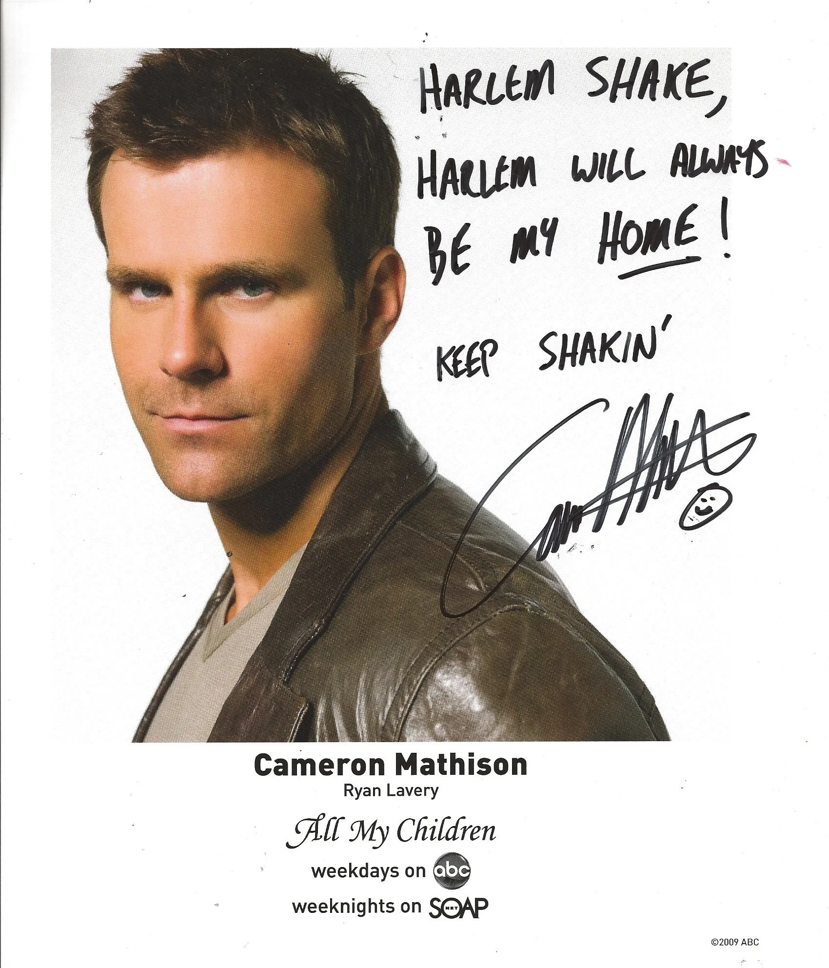 Promotional flyer featuring a young man with short brown hair and blue eyes. Text includes quotes about Harold Shake, a title with the name Cameron Mathison, and mentions of TV shows "All My Children" on ABC and "One Life to Live" on SOAP.